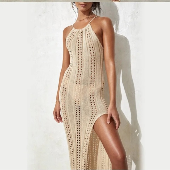 Laguna Blu Pointelle Knit Maxi Beach Midi Dress NWT Halter Open Back Tassels - Picture 13 of 13